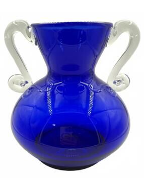 Vintage Cobalt Blue Vase w/ Applied Clear Handles Hand Blown Art Glass Style 7”